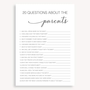 Wie gut kennen Sie die Eltern, Baby Sprinkle Spiel, Script Minimal Baby Shower Spiel, 20 Fragen über die Eltern-Babyparty, 10 FU