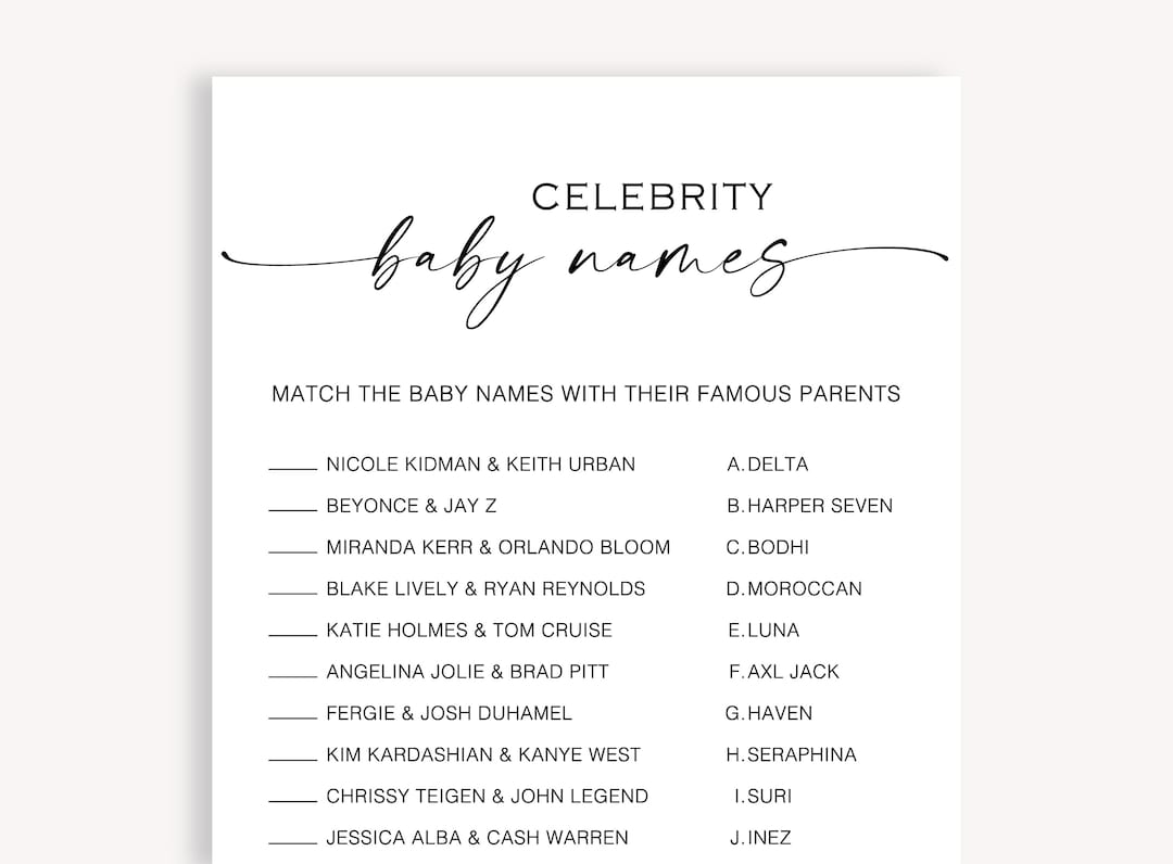Celebrity Baby Names Baby Shower Celebrity Match Minimalist Etsy