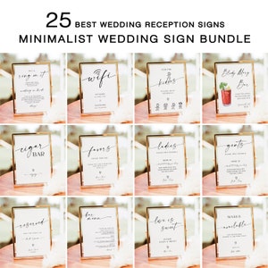 May include: A set of 25 minimalist wedding reception signs in gold frames with white backgrounds and black text. The signs include phrases like "Put a ring on it", "Wifi", "For the kiddos", "Bloody Mary Bar", "Cigar Bar", "Favors", "Ladies", "Gents", "Reserved", "Bar Menu", "Love is sweet", and "Masks available".