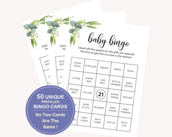Schede precompilate per il gioco del bingo per bambini, regalo per il bingo per bambini, 50 schede uniche per il bingo, gioco del bingo per baby shower, 50 schede precompilate per il bingo per baby shower, 20 FM