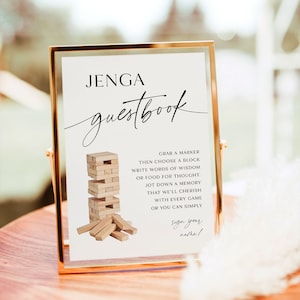 Panneaux de mariage, modèle modifiable d'enseigne, livre d'or Jenga de mariage, signe de jeu Jenga, modèle d'enseigne de livre d'or Jenga modifiable, RS KB 134