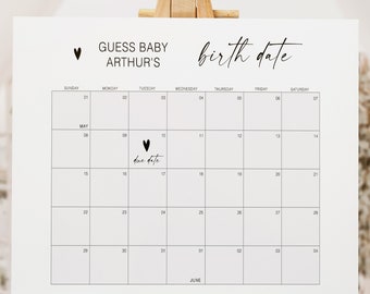 Devinez l'anniversaire de naissance signe de baby shower, affiche de prédiction de la date d'échéance de bébé, jeu devinez la date d'échéance calendrier, modèle non sexiste, YS BB 213
