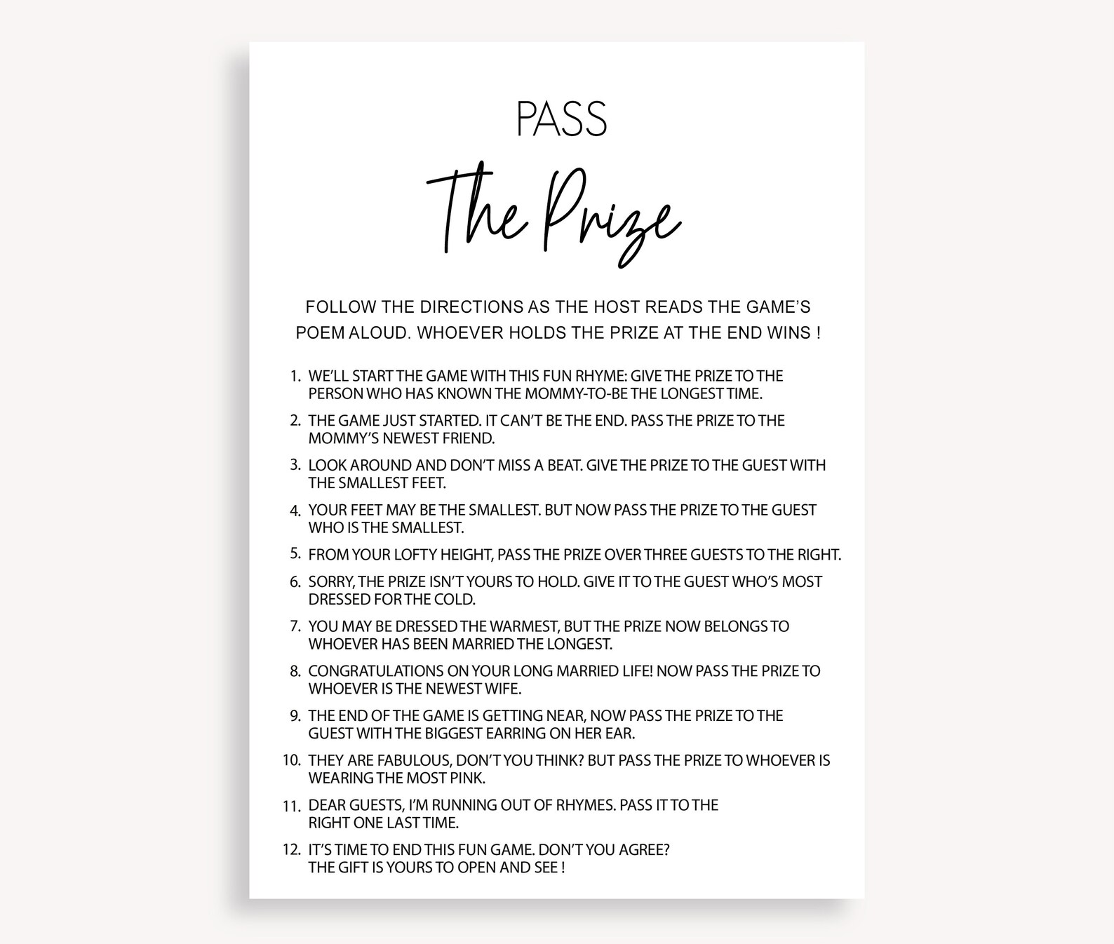 Pass the Gift Poem Baby Shower Game Idea Printable Games - Etsy