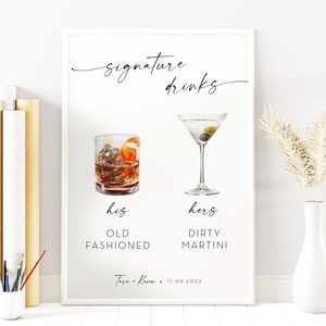 Menù moderno per bar per matrimoni, menù per bevande stampabile, tempio personalizzato, cartello per bar con firma His Ours Hers, cartello per cocktail con firma, RS KA 12