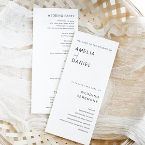 May include: A wedding ceremony programme with a white background and black text. The programme lists the wedding party, the wedding ceremony order, and the date and location of the wedding. The wedding is for Amelia and Daniel.