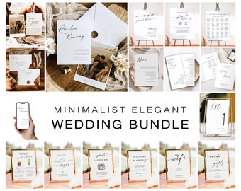 May include: A minimalist wedding bundle with a variety of printable signs and cards. The signs include a welcome sign, a seating chart, a table number sign, a bar menu, a photo booth sign, a guest book sign, a wifi sign, a cards and gifts sign, and an in loving memory sign. The cards include a save the date card, an invitation card, a menu card, and a wedding program card. The signs and cards are all in a minimalist style with black text on a white background.