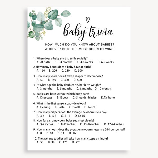 Editable Baby Trivia Game, Baby Shower Trivia Game, Printable Game, Editable Baby Shower Trivia Game, Editable Set Game Template, 20 FM E