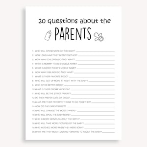Funny Baby Shower Activity, Twenty Questions About The Parents Baby Shower Game, Modern Minimalist Printable Baby Shower Game, DIY,  10 FV
