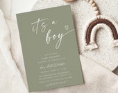Minimalist Baby Shower Invitation, It's a Boy Baby Shower Invitation, Sage Green It's a Boy Invite, Editable Boho Shower Invite, YD KA 24