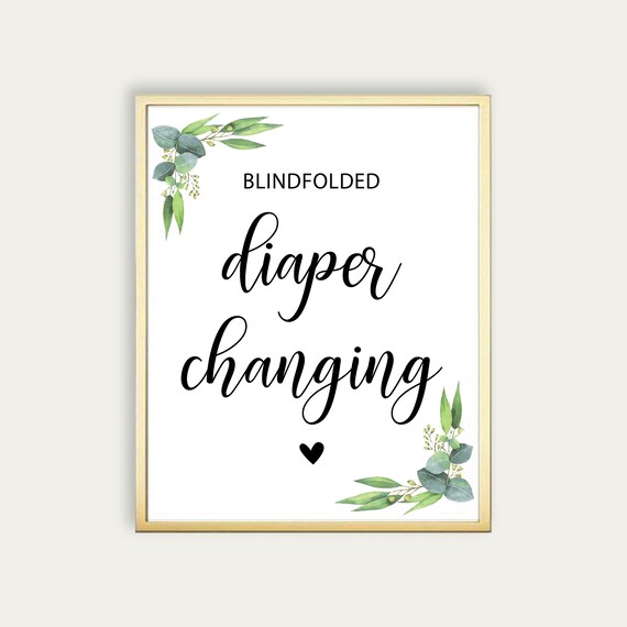 Greenery Baby Shower Blindfolded Diaper Changing Game Sign Etsy