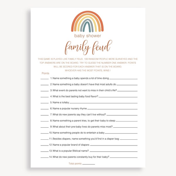 Baby Shower Family Feud Game, Rainbow Sun Baby Shower Game, Instant Gender Neutral Baby Feud Game, Minimalist Feud Baby Shower Game, 70 FM