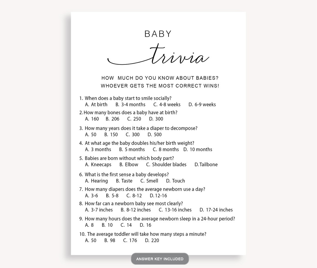 Modern Baby Shower Trivia Game, Shower Trivia Quiz, Baby Trivia Baby Shower Game, DIY Printable