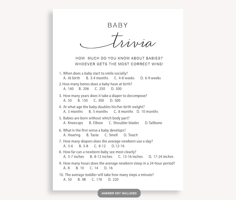 Modern Baby Shower Trivia Game, Shower Trivia Quiz, Baby Trivia Baby ...