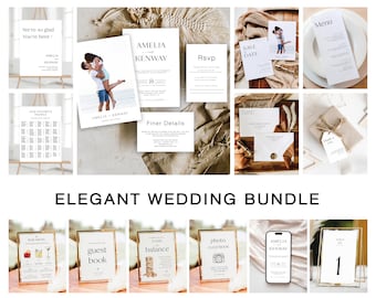 May include: Elegant wedding stationery bundle with a minimalist design. The set includes a save the date card, RSVP card, invitation, menu, seating chart, and other wedding details. The cards are white with black text and a simple design.