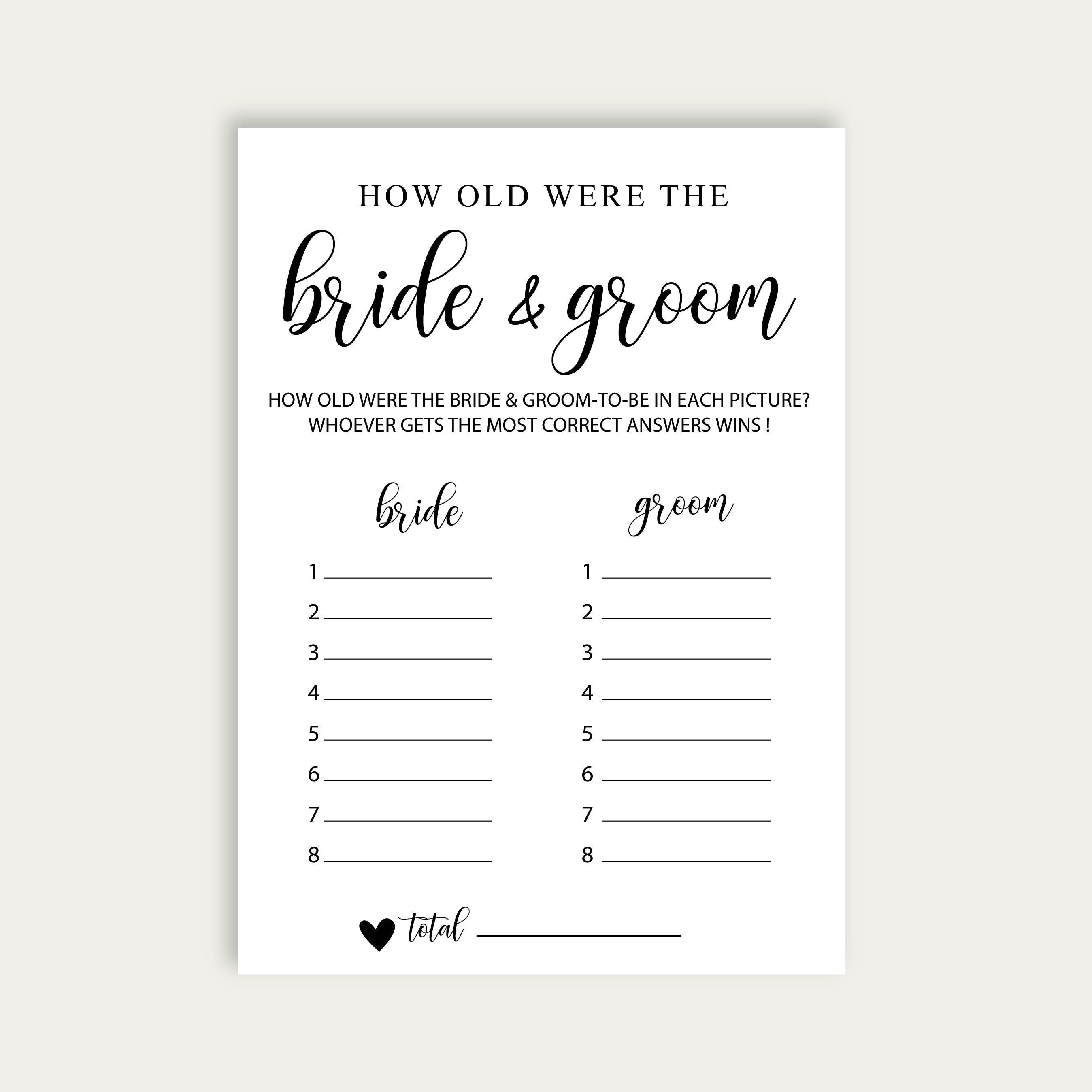 How Old Were The Bride And Groom Game, Guess The Age Game, How Old Were The Bride And Groom, Bridal Shower Game, Wedding Shower Game, 210