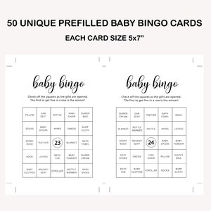 May include: Two black and white baby bingo cards with 5x7 inch dimensions. Each card has a 5x5 grid with baby-related items like a rattle, onesie, diaper bag, and baby powder. The center square of each card has the number 23 or 24.
