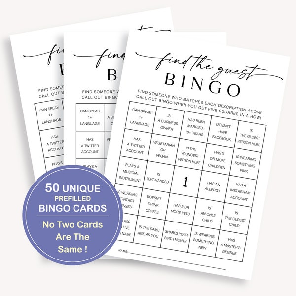 50 Unique Prefilled Find The Guest Bingo Cards, Pre-Filled Find The Guest Baby Bingo Game, 50 Baby Shower Bingo Cards, Find The Guest, 10 FA