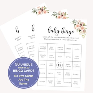50 voorgevulde babybingokaarten, vooraf gevulde babybingospelkaarten, babycadeaubingo, 50 unieke bingokaarten, babyshowerbingospel, 30 FM