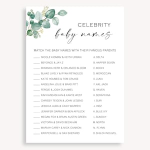 Gender Neutral Baby Shower Games, Baby Shower Celebrity Match, Baby Name Match Game, Celebrity Baby Names, Minimalist Baby Shower Game 40 FA
