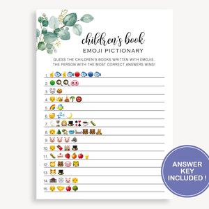 Jeu de devinettes emoji pour baby shower, jeu de devinettes pour titres de livres pour enfants, rat de bibliothèque, jeu pour les amoureux des livres, emoji pictionary, 20 FM