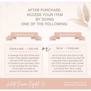 May include: A graphic with instructions on how to access your purchased digital item after purchase. The instructions are to check your email for a link or to go to Corjl.com and click on "Edit a Purchase Item".