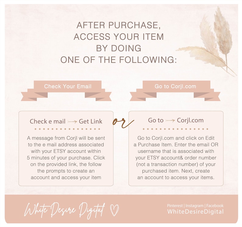 May include: A graphic with instructions on how to access your purchased digital item after purchase. The instructions are to check your email for a link or to go to Corjl.com and click on "Edit a Purchase Item".