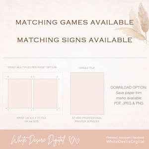 May include: Printable matching game and sign templates. The image shows two printable templates with trim marks for easy cutting. The text "Print multiples per page" and "Single file" are visible.