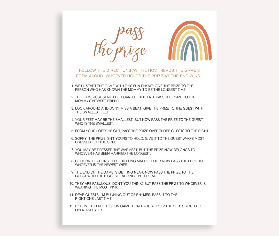 Minimalist Pass the Prize Rhyme Game, Boho Baby Shower Game, Printable ...