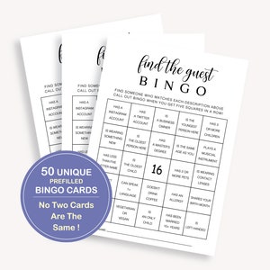 Vooraf ingevulde Find The Guest-babybingo, 50 babyshower-bingokaarten, Find The Guest, 50 unieke vooraf ingevulde Find The Guest-bingokaarten, 10 FM