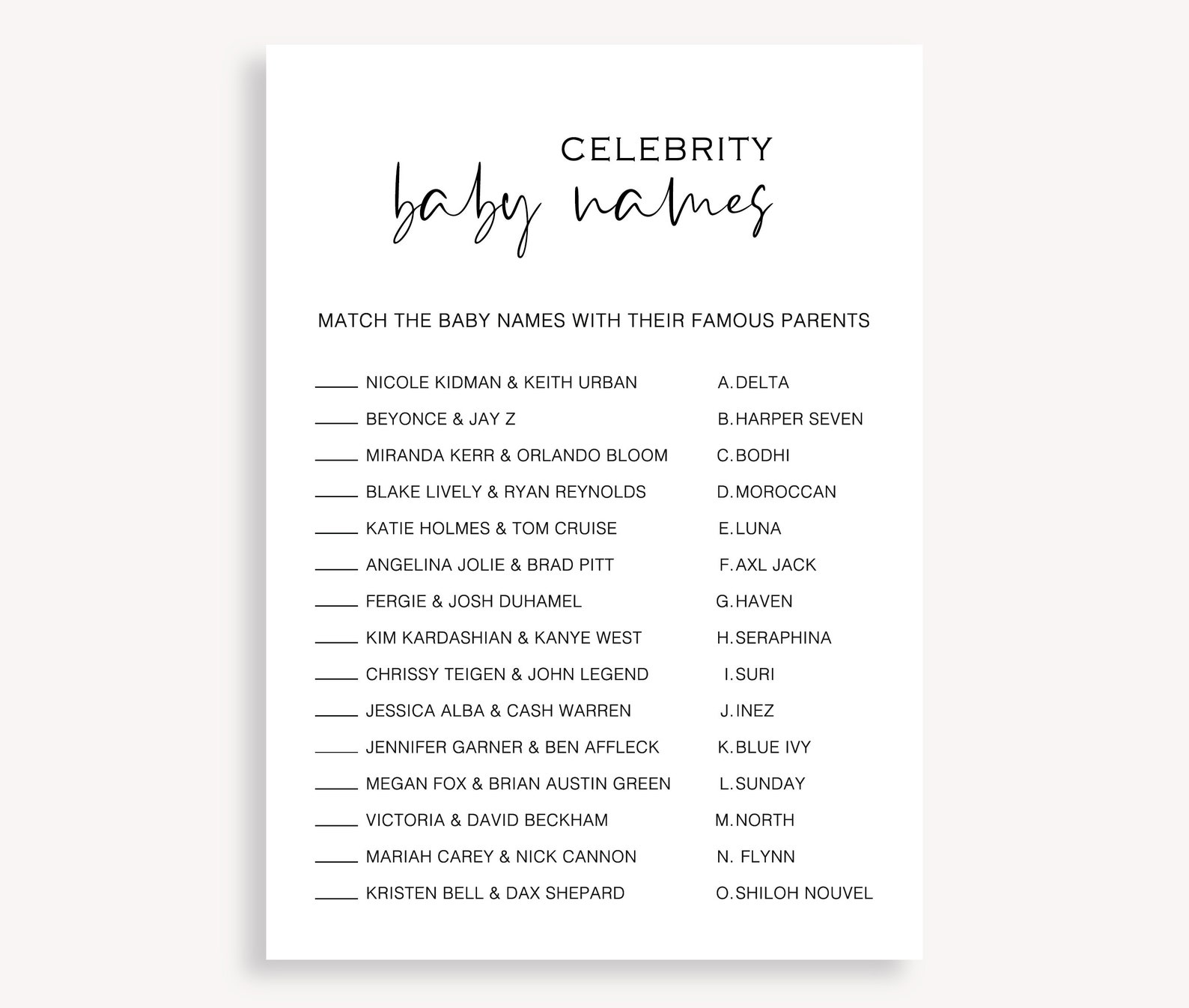 Minimalist Baby Shower Game Gender Neutral Baby Shower Games Etsy