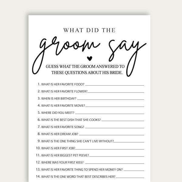 What Did The Groom Say Bridal Shower Game, Bridal Shower Printable, The Groom Said That Game, Minimalist The Groom Said What Party Game, 216