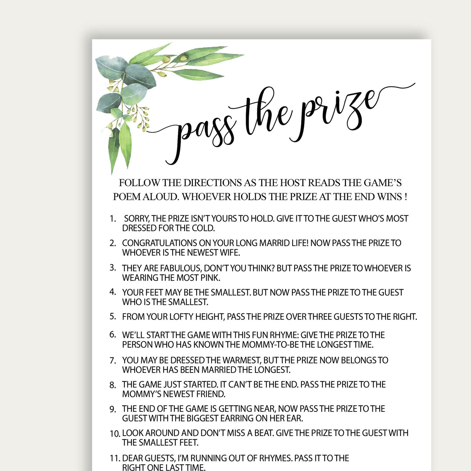 Pass the Prize Printable Baby Shower Game Pass the Prize Poem Etsy