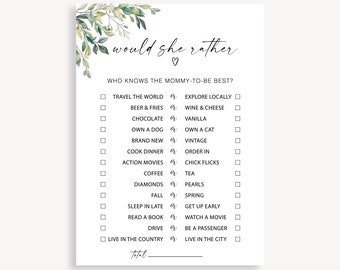 Baby Shower Would She Rather Game, Would Mommy Rather, Gender Neutral Printable Baby Shower Game, Would She Rather Baby Shower Game, 50 FA