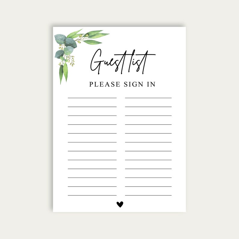 Guest List Printable Sheet Bridal Shower Guest List Greenery Etsy
