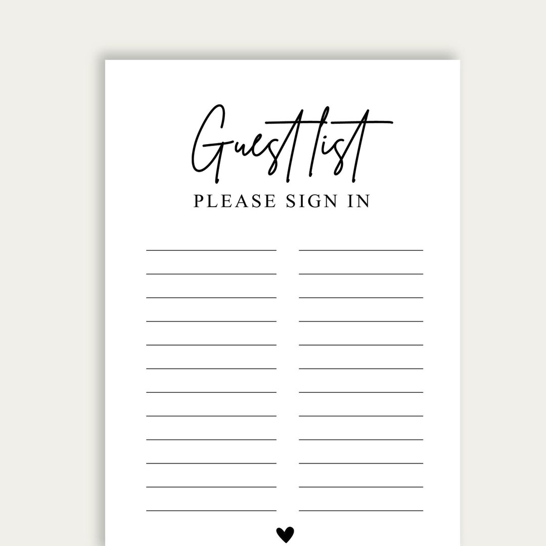 Bridal Shower Guest List Guest List Please Sign Printable Etsy