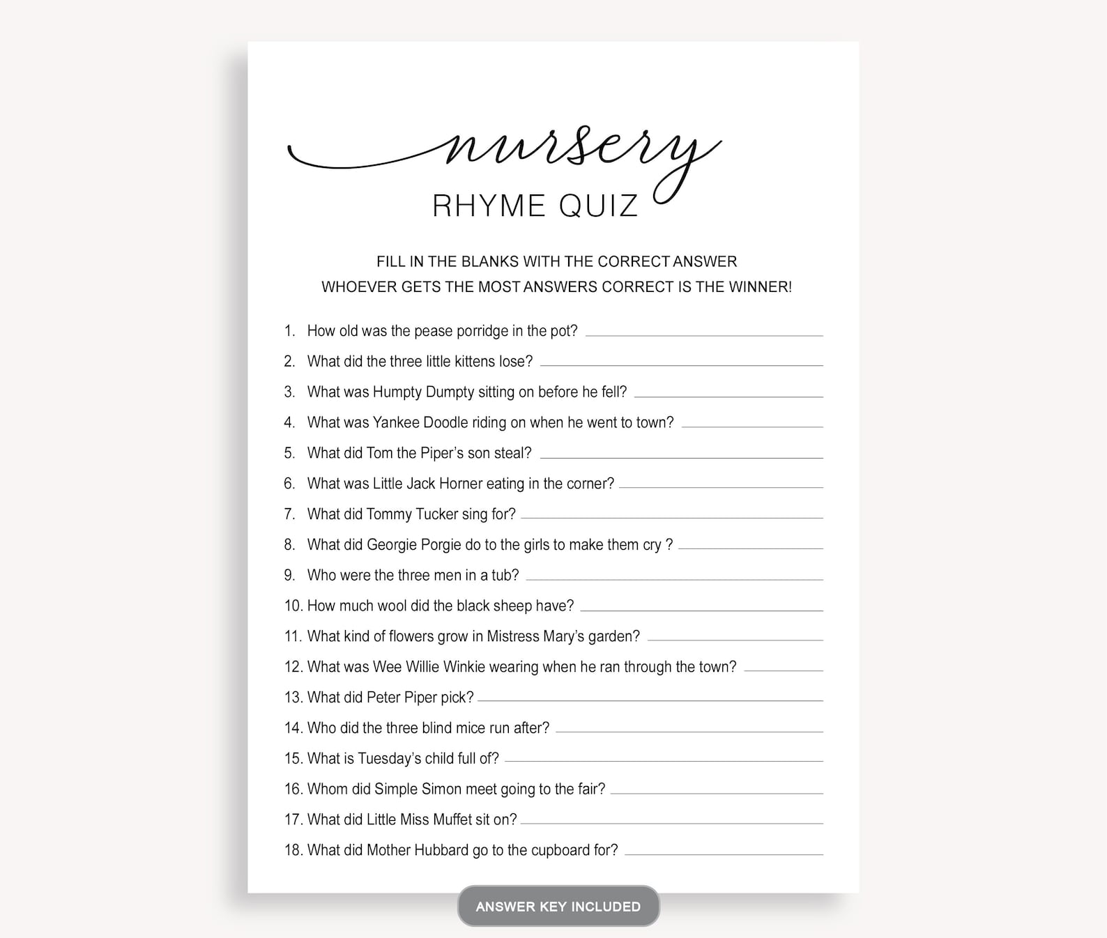 Nursery Rhyme Game Nursery Rhyme Quiz Game Guess That Etsy