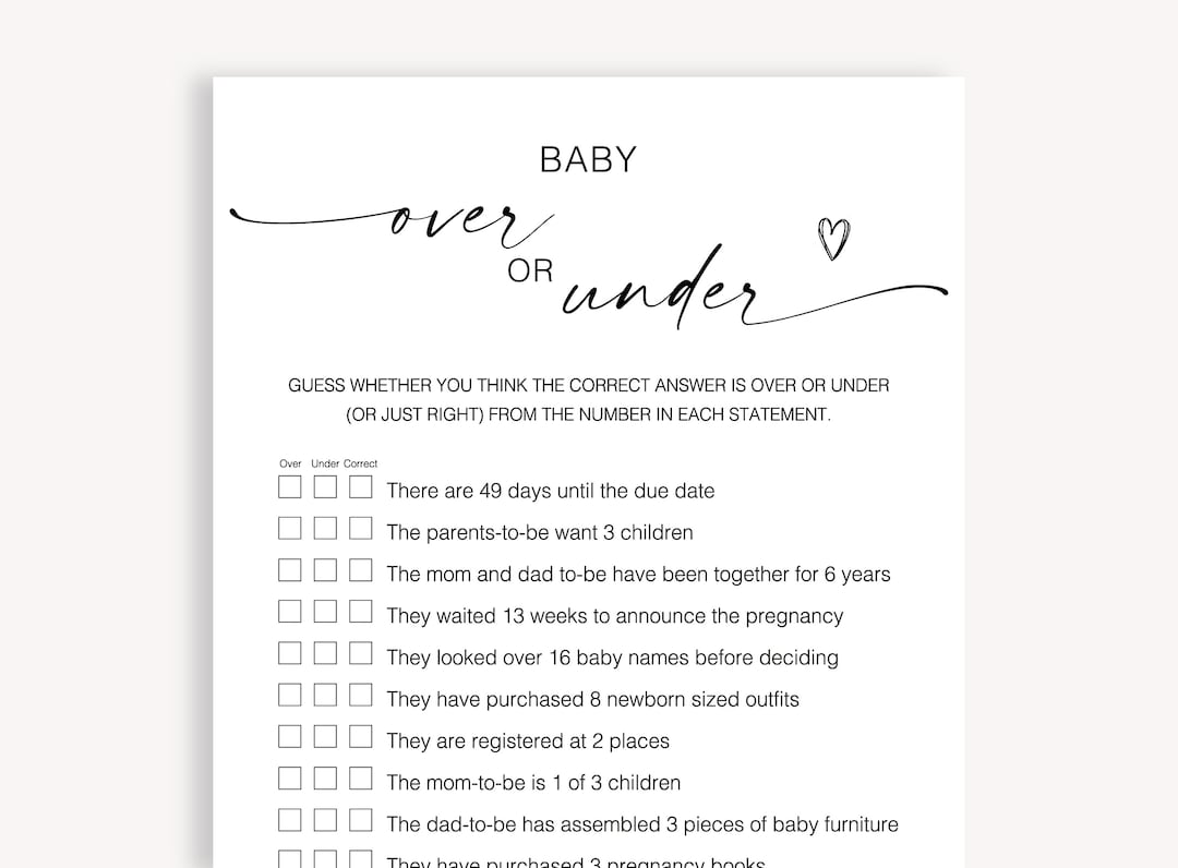 Over or Under Baby Shower Game Modern Baby Shower Printable - Etsy
