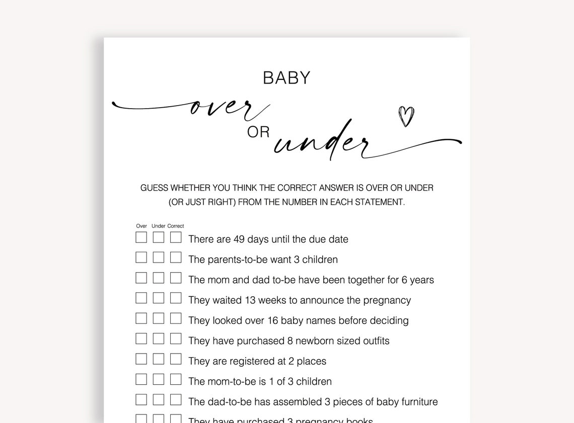 Over or Under Baby Shower Game Modern Baby Shower Printable Etsy