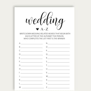 Wedding A-Z Bridal Shower Game, Wedding Alphabet Bridal Shower Game, A To Z Letter Game, Instant Download Wedding Shower Game, A To Z, 210