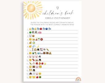 Summer Baby Shower Game, Baby Shower Emoji Picture Game, Modern Sun Baby Shower Game, Children's Book Emoji Pictionary Game, Instant, 60 FA