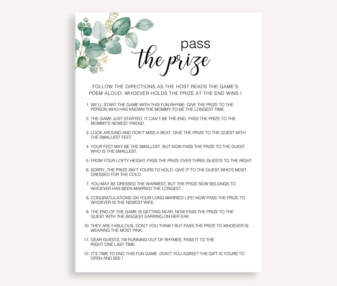 Pass the Prize Rhyme Game, Baby Shower Idea, Pass the Prize Poem Game ...