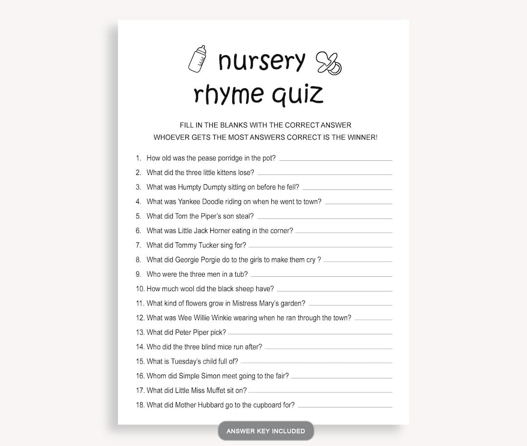 Nursery Rhymes, Nursery Rhymes Baby Shower Game, Printable Baby Shower