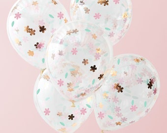 5 x Ballons Blumenkonfetti in rosa, gold, pastell (für Helium geeignet)