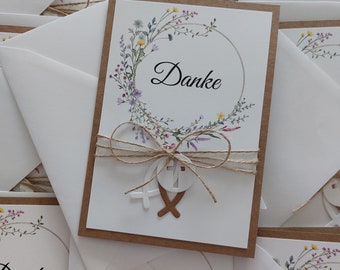 Dankeskarten zur Konfirmation, Kommunion, Taufe, Hochzeit grüner Kranz mit wilden Blumen