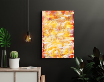 May include: Abstract painting with a mix of red, yellow, and white paint. The painting has a textured look and is done in a contemporary style.