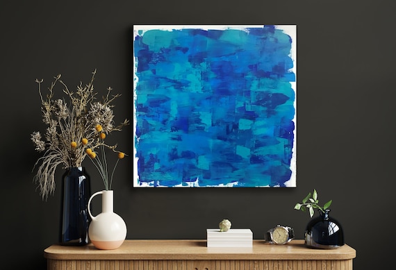 Tableau Abstrait Original 60x60 Cm, Acrylique Sur Toile Bleue, Granic