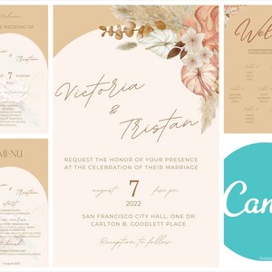 Boho arch wedding invitation | pastel anthurium and orchid | pampas wedding invitation| bundle ceremony menu | fully editable