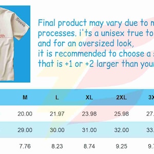 Pu&ograve; includere: Tabella delle taglie per una t-shirt con misure in pollici per larghezza, lunghezza e lunghezza della manica. Le taglie vanno dalla S alla 5XL.