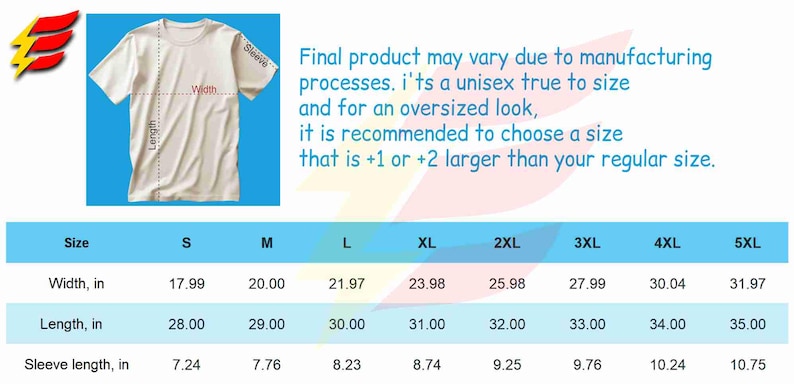 Pu&ograve; includere: Tabella delle taglie per una t-shirt con misure in pollici per larghezza, lunghezza e lunghezza della manica. Le taglie vanno dalla S alla 5XL.