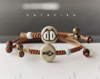 Aangepaste vintage keramische armband, kat & vis paar armband, kerstcadeau, Moederdagcadeau